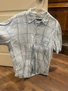 Nautica 100% Linen Light Blue & Teal Windowpane Short-Sleeve Button-Down Shirt